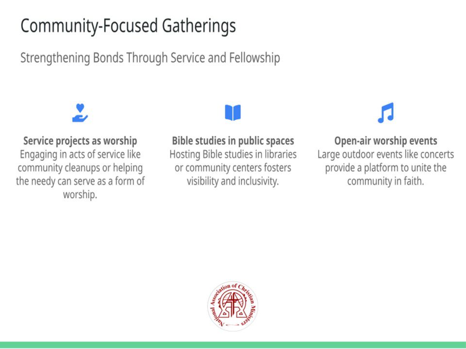 Title: Community-Focused Gatherings Subtitle: Strengthening Bonds Through Service and Fellowship Points: • Service projects as worship Engaging in acts of service like community cleanups or helping the needy can serve as a form of worship. (Icon: fa-hand-holding-heart) • Bible studies in public spaces Hosting Bible studies in libraries or community centers fosters visibility and inclusivity. (Icon: fa-book-open) • Open-air worship events Large outdoor events like concerts provide a platform to unite the community in faith. (Icon: fa-music) Talk Track: Faith communities can make a profound impact by engaging with their local communities. Service projects, such as organizing food drives or participating in cleanup efforts, allow congregations to worship through action and strengthen their bonds with the wider community. Hosting Bible studies in public spaces like libraries fosters inclusivity and makes faith more accessible to others. Additionally, open-air worship events like concerts can bring diverse groups together under the shared purpose of faith and celebration. These initiatives are a testament to the church’s role in fostering unity and outreach. Sources: • Barna Group, 2022: Community Engagement by Churches 