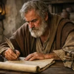 Apostle Peter writing the letter of First Peter to persecuted Christians in the early church.