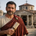 The Apostle Paul writing the letter to Philemon while Onesimus prepares to return to his master.