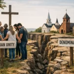 Illustration representing christian unity vs denominations and the diversity of global Christianity.