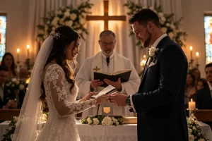 Personalized Christian wedding vows exchanged in covenant marriage ceremony.