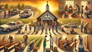 Community Engagement: A group of diverse individuals engaged in active ministry work, such as delivering food, repairing a church, or mentoring youth. Skills-Based Contribution: A skilled carpenter fixing a church pew, a teacher tutoring children, and a doctor offering free checkups—emphasizing support beyond financial donations. Fellowship & Encouragement: A prayer circle where people support each other emotionally and spiritually, symbolizing encouragement as a form of ministry support. Church & Outreach Setting: A vibrant, welcoming church environment with outreach initiatives, such as people packing supplies, a community garden, or volunteers at a shelter. Symbolism of Faith & Giving: A warm, golden sunset illuminating the scene, symbolizing hope, generosity, and the diverse ways people can serve in ministry. National Association of Christian Ministers