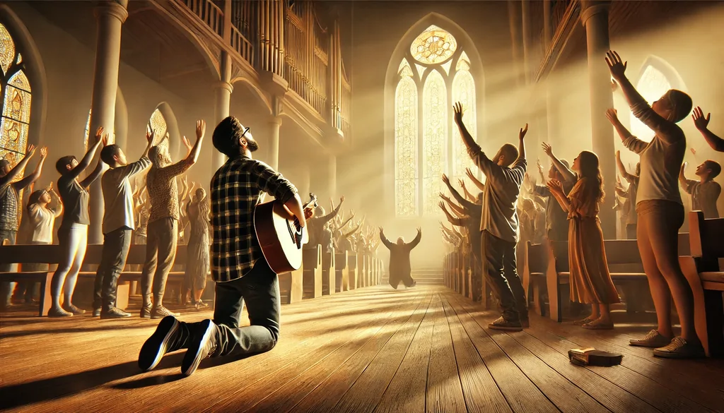 The image should depict various expressions of worship as understood in Hebrew theology, represented through human actions and settings rather than text. The scene is a grand yet intimate worship gathering in a modern church with warm, ambient lighting and a diverse congregation. In the foreground, a man kneels on the wooden floor, his hands raised in surrender, symbolizing Barak (kneeling in worship). To his side, a group of worshippers extends their hands upward, their faces filled with joy and reverence, embodying Yadah (raising hands in praise). In the center of the image, a worship leader stands on a stage, playing a guitar with deep emotion, surrounded by a small worship band. Some in the congregation dance with joy, illustrating Gilah (rejoicing with great celebration). Others bow low, their foreheads touching the ground in deep reverence, reflecting Shachah (to bow down or prostrate oneself). In the background, golden light streams through stained-glass windows, casting an ethereal glow over the congregation. The atmosphere is filled with movement—some people are clapping and leaping, portraying Halal (celebratory praise), while others stand still in silent adoration, representing Tehillah (spontaneous, heartfelt singing). The image is hyper-realistic, rich in texture and color, capturing the depth of human expression in worship. The diversity of the worshippers, including different ages and ethnicities, emphasizes unity in faith. The scene is alive with passion, reverence, and joy—visually narrating the many Hebrew expressions of worship without relying on text or symbols resembling words.