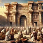 Picture of the Holy Temple Gates of Israel and the courts, with people offering thanksgiving and praise. National Association of Christian Ministers