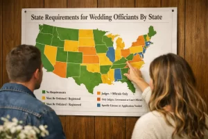 Map of the United States highlighting wedding officiant laws by state.
