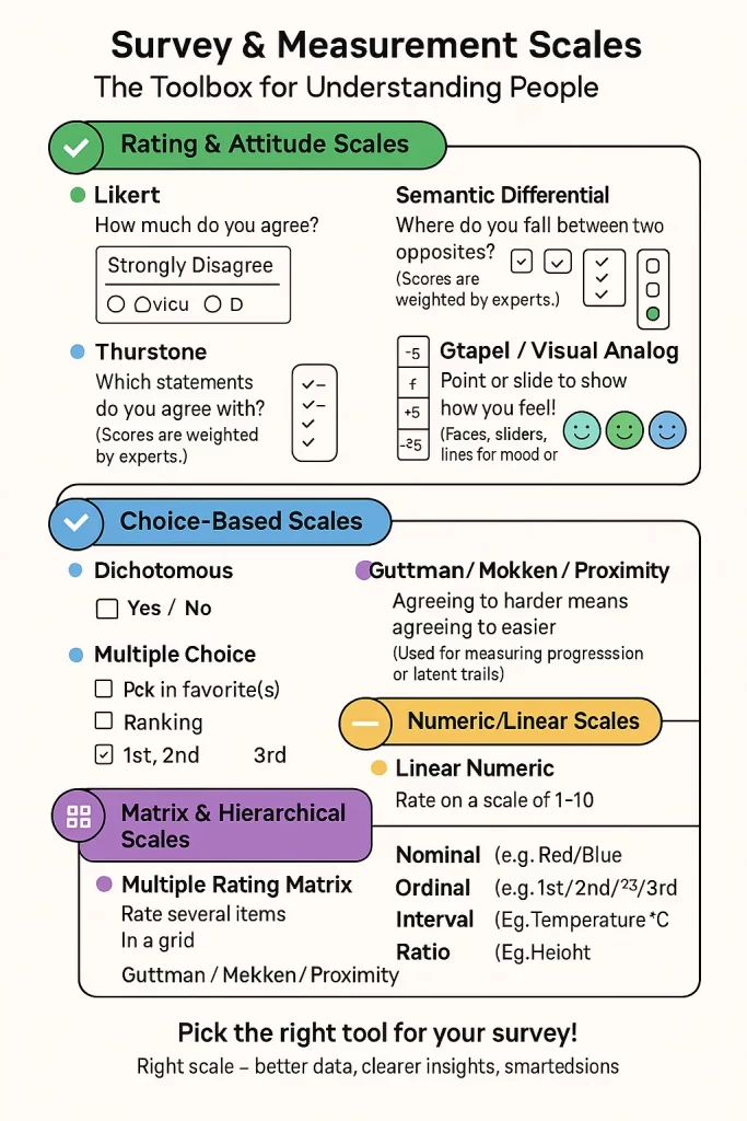 Survey Scales Visual Guide: How To Choose The Right Scale 1 Survey Scales Guide: How To Choose The Right Survey Scale. Explore A Comprehensive Guide To Survey And Measurement Scales, Including Likert, Semantic Differential, Guttman, Thurstone, Stapel, Matrix, And More. Learn Definitions, Purposes, Real-Life Examples, And See Side-By-Side Comparisons With Infographics, Key Differences, And Expert Tips For Choosing The Best Scale For Your Research Or Questionnaire. Survey Infographic. How To Choose Survey Scale.