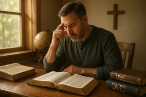 A thoughtful Christian scholar, seated at a wooden desk with an open Bible, ancient biblical manuscripts, and reference books like Vine’s Expository Dictionary and Easton’s Bible Dictionary nearby. The scholar is surrounded by warm, natural light filtering through a nearby window, symbolizing illumination and understanding. In the background, faint outlines of a globe and a cross suggest the global mission and spiritual foundation of the study. The scene conveys careful, prayerful study and the deep pursuit of biblical truth.