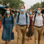 Christian missionary team walking in rural India marketplace taking safety precautions in public. NACM Manual to Ministry, National Association of Christian Ministers