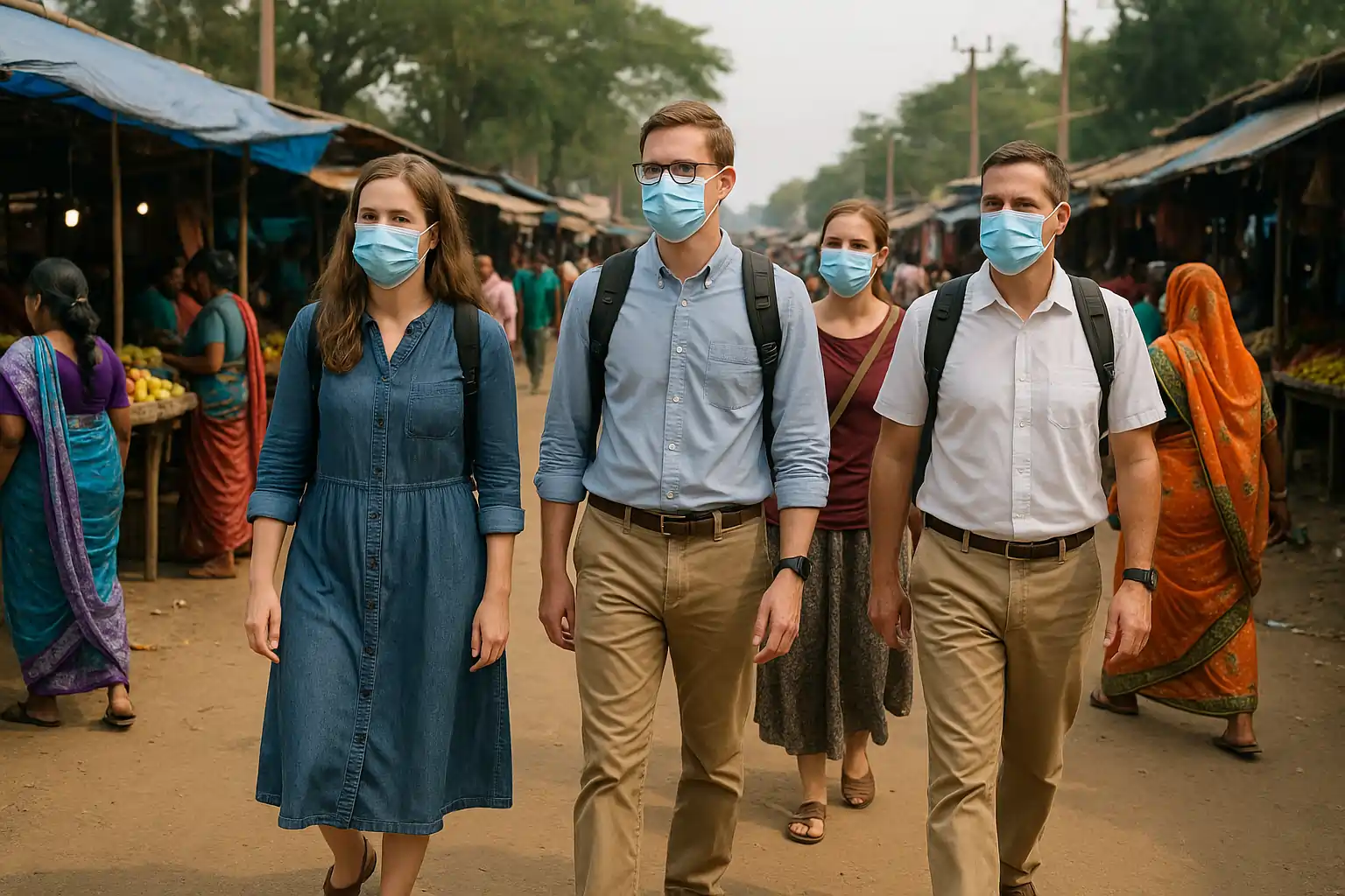 Christian missionary team walking in rural India marketplace taking safety precautions in public. NACM Manual to Ministry, National Association of Christian Ministers