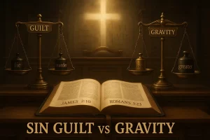 Title: Sin Guilt vs Gravity: courtroom allegory, Christian theology hero image Prompt: Create a cinematic and reverent illustration for a Christian article titled "Sin Guilt vs Gravity". Scene: a classical courtroom of dark wood and stone. Foreground: an open Bible on a judge’s bench, with clearly legible book labels "James 2:10" and "Romans 3:23" on ribbon bookmarks. Midground: two separate scales of justice placed symmetrically left and right. Left scale label "Guilt": two identical dark weights labeled "lie" and "murder" hang in perfect balance to symbolize equal guilt before God. Right scale label "Gravity": a small brass weight labeled "lesser" sits high while a large iron weight labeled "greater" sits low to symbolize different moral gravity and consequences. Background: a soft cross-shaped beam of light from above suggests God’s perfect justice and omniscience; faint stone-tablet motif evokes the Law. Style: high-detail digital painting, warm parchment and gold tones, soft rays, shallow depth of field, clean readable labels, no faces, no gore, no modern signage, no cheesy stock look. Mood: solemn yet hopeful. Composition: Bible centered, two scales flanking, leading lines toward the cross-light. Aspect ratio: 16:9. Resolution: 3000x1688 or higher. National Association of Christian Ministers