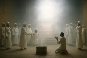 "Shekinah Glory." Discover the meaning, Hebrew origin, and biblical foundation of Shekinah Glory, the visible presence of God dwelling among His people. Hyper-realistic, cinematic portrayal of the moment the priests place the Ark of the Covenant in Solomon’s Temple and the Shekinah Glory fills the inner sanctuary. The vast temple interior of carved cedar and gilded accents glows subtly with diffused daylight filtering through the haze. A dense, luminous cloud of divine presence fills the air, soft white and silvery light pulsing with living energy, rolling gently like mist illuminated from within. The priests and Levites in white linen robes stand motionless, faces awestruck, some shielding their eyes from the brightness. King Solomon kneels in reverence near the great bronze altar as faint incense smoke mingles with the glory cloud. The Ark rests beneath outstretched golden cherub wings, only partially visible through the radiant mist. The atmosphere feels sacred, still, and weighty, cool neutral tones with natural light balance, photorealistic texture of stone and wood, 85 mm lens depth, cinematic realism, 8 K detail, no text or symbols. NACM Manual to Ministry. National Association of Christian Ministers.