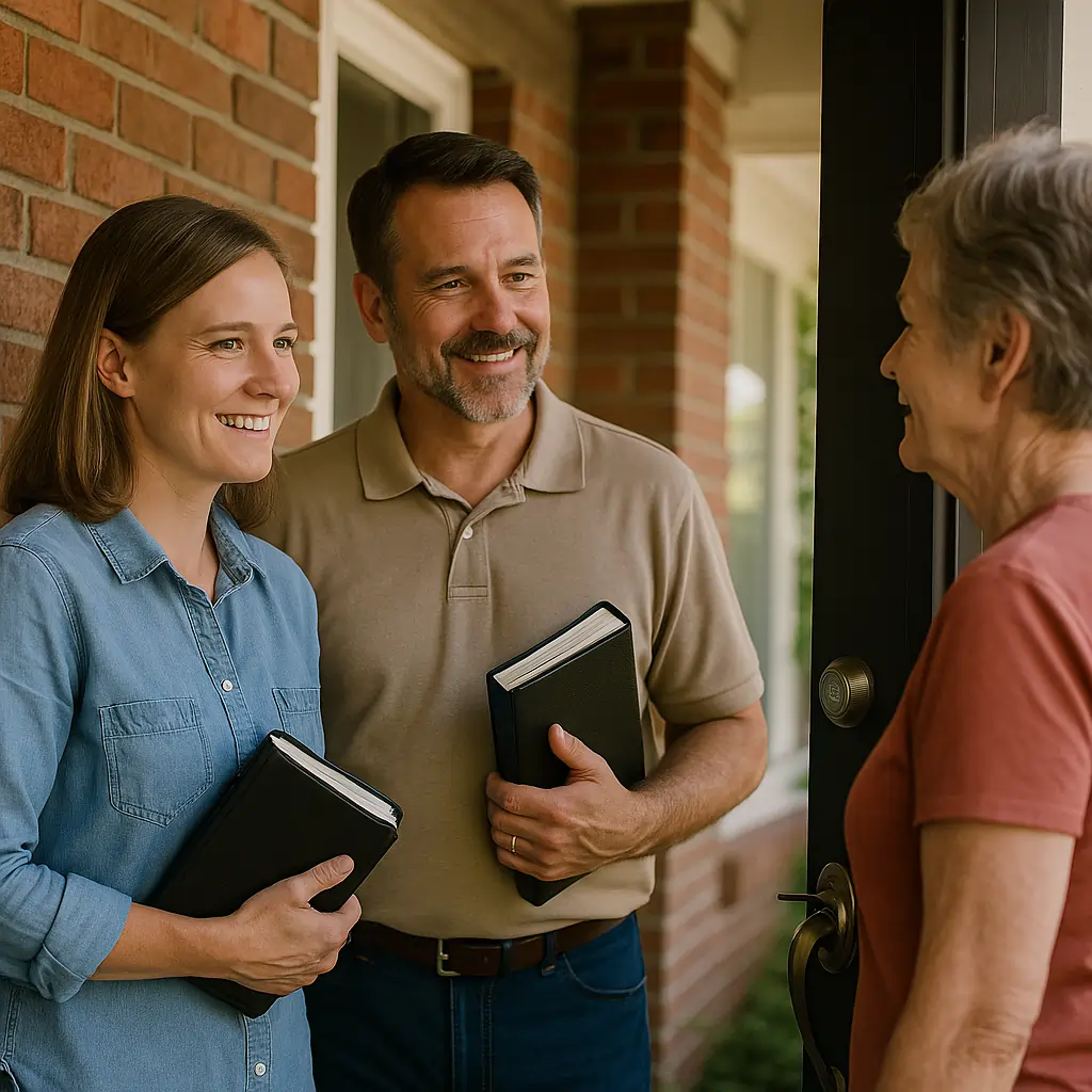 hyper realistic scene of door to door evangelism with Christians holding Bibles illustrating the urgency of Christian evangelism. urgency of Christian evangelism, door to door evangelism, gospel urgency, compared to politics