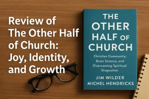 Study scene for Review of The Other Half of Church showing an unbranded book, warm natural light, and a reflective workspace