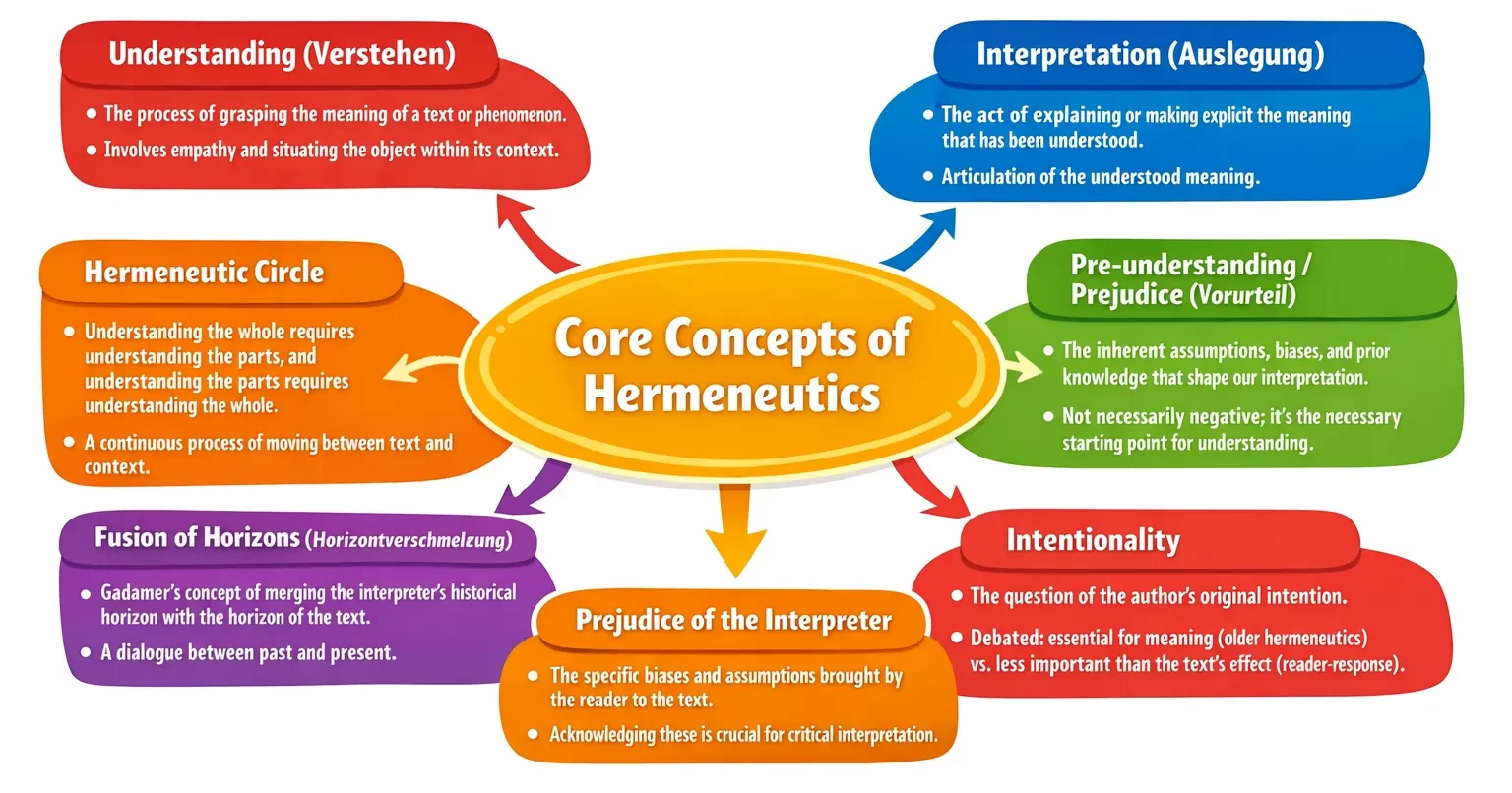 Mind map illustrating the core concepts of hermeneutics including understanding, interpretation, hermeneutic circle, pre understanding, fusion of horizons, and intentionality.