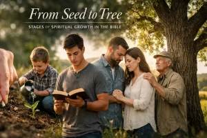 Biblical pattern of spiritual growth illustrated from seed to mature tree.